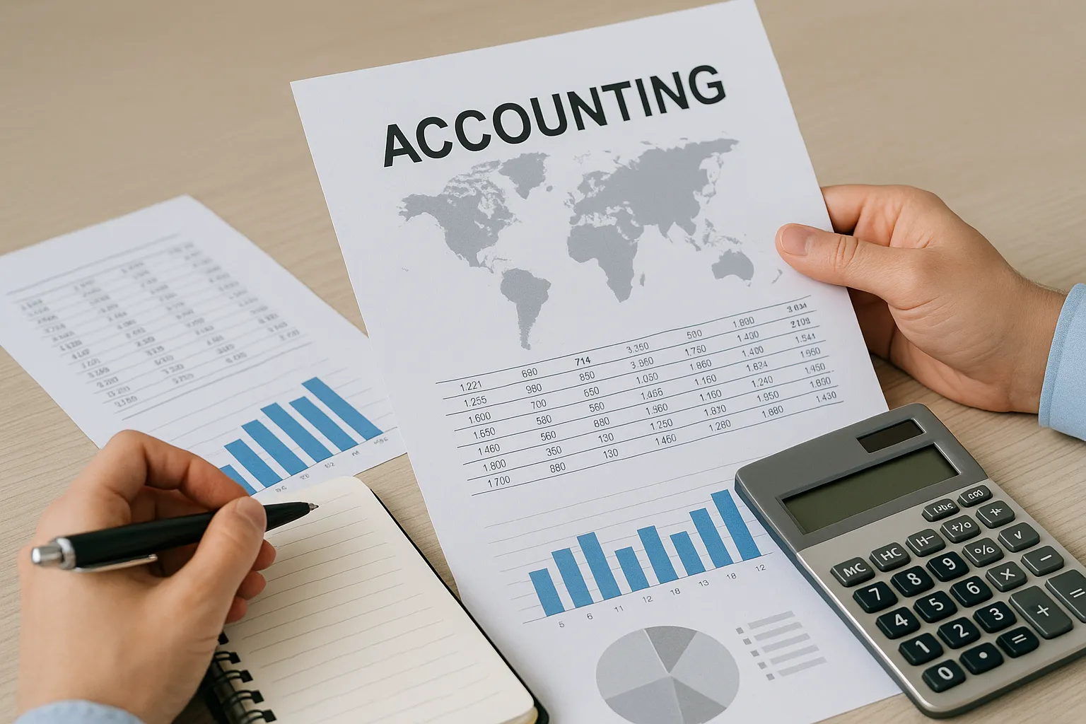 Ruce držící dokument s nápisem 'ACCOUNTING' a grafy, vedle kalkulačka a notes.